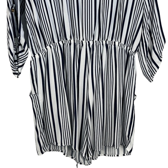 Belle TWEED QUARTER SLEEVE STRIPED SHORTS ROMPER WITH CINCHED WAIST - Picture 7 of 10